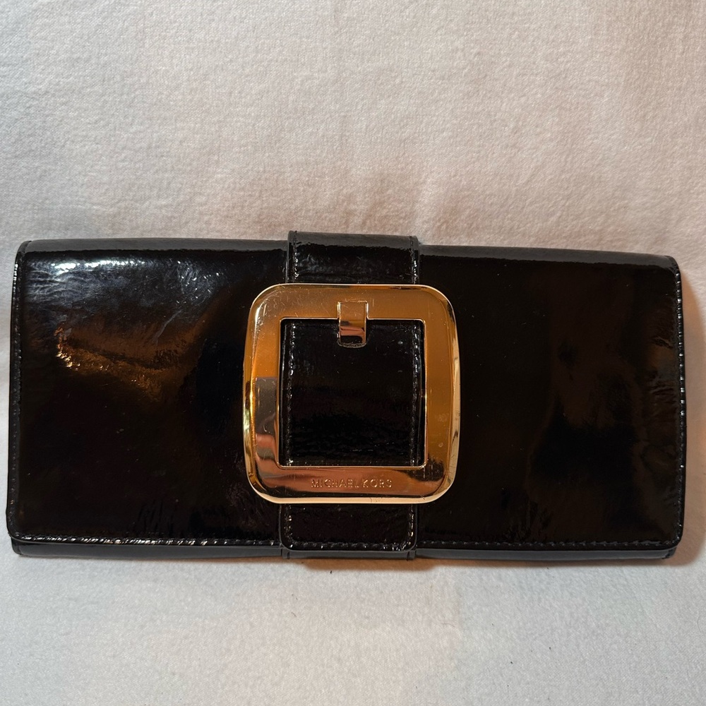 Michael Kors Glossy Black Clutch with Gold Accent